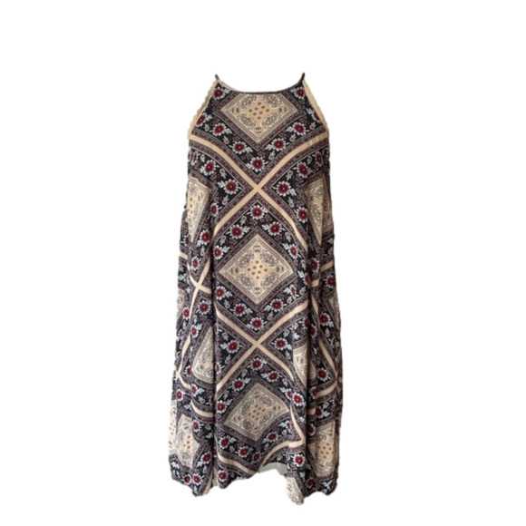 Xhilaration Dresses & Skirts - Xhiliration Bandanna Print Halter Neck Dress Lace Trim Floral Pullover A-Line